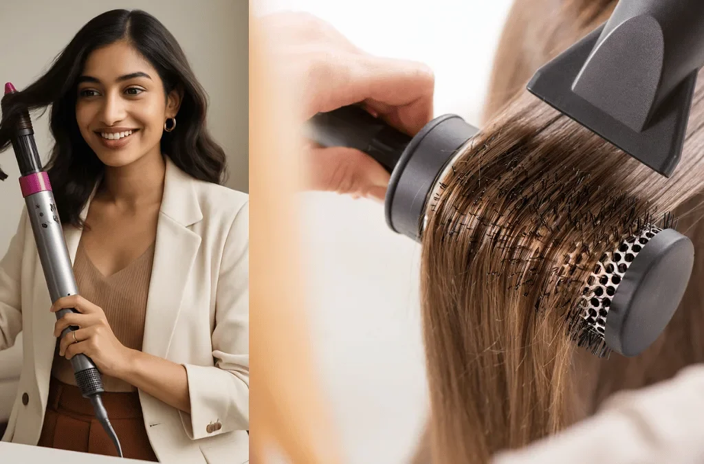 A modern Indian woman using a Dyson Airwrap hair styling tool in front of a mirror.