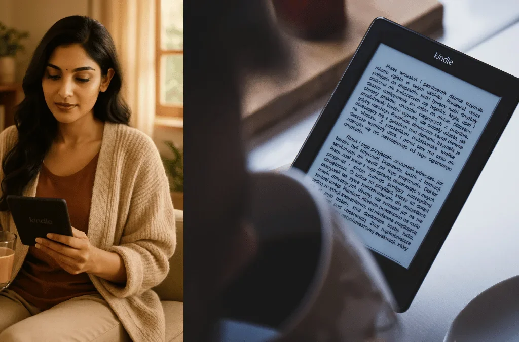 woman reading on a Kindle with a cup of chai.