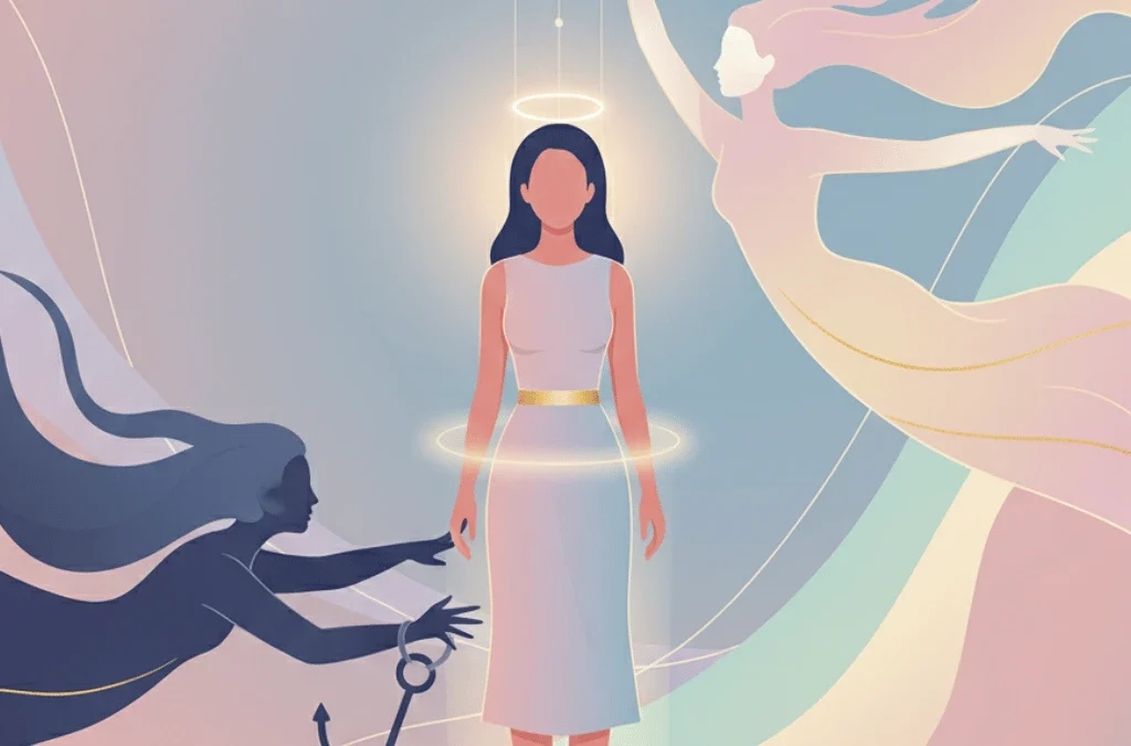 A confident woman standing tall with self-assurance, surrounded by two symbolic figures—one radiating light and lifting her up, the other cloaked in shadows pulling her down. Empowering, modern illustration in soft pastel colors. How to Identify Healthy vs. Toxic Relationships